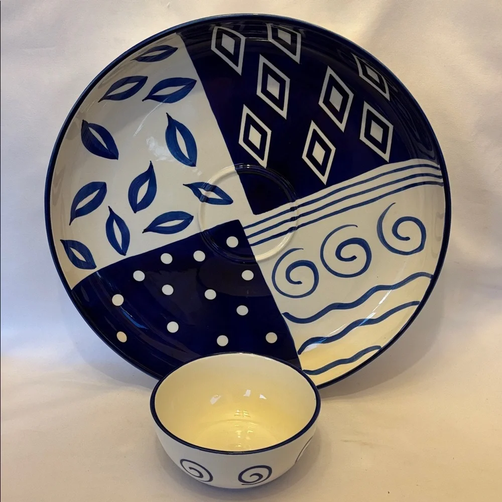 NEW VINTAGE 90’sCARDINAL BLUE BAYOU HANDPAINTED SERVING TRAY WITH SALSA/DIP BOWL - Picture 1 of 11